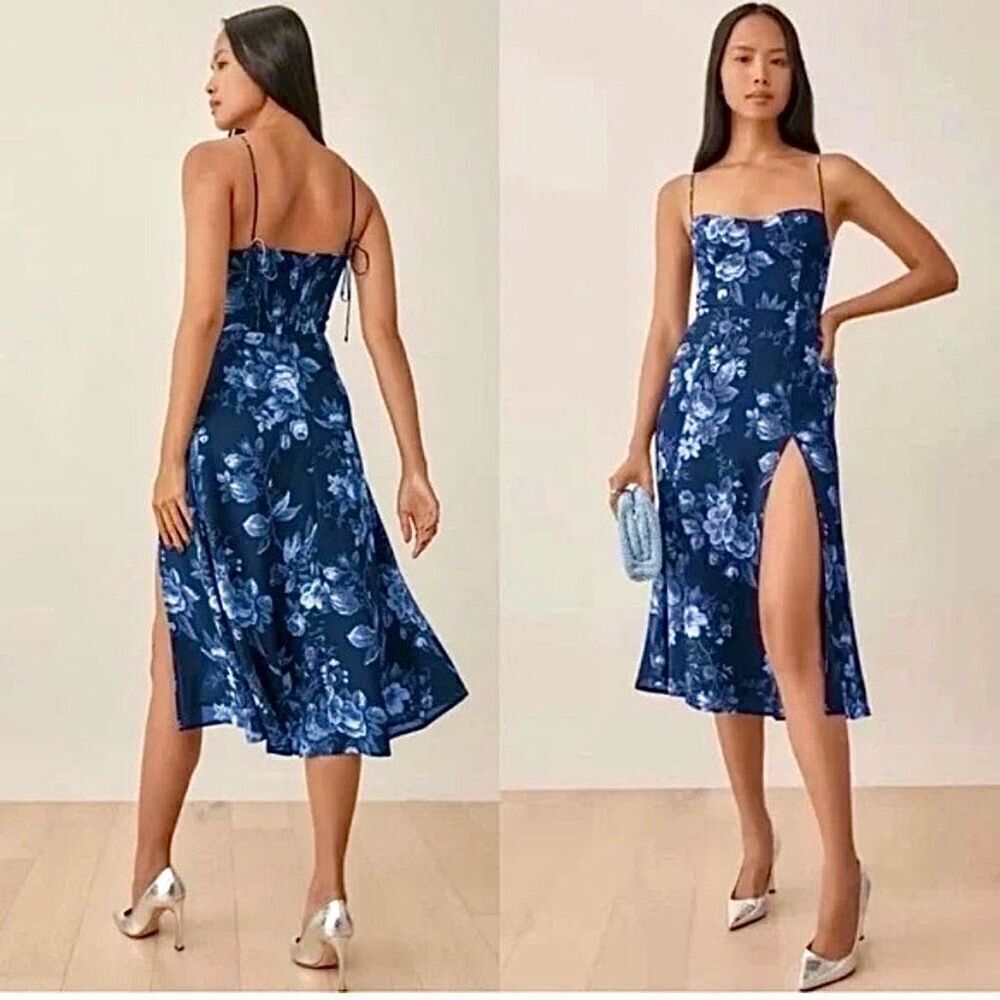 NEW Reformation Juliette High Slit floral midi Sundress Size 8 Lottie Rose blue